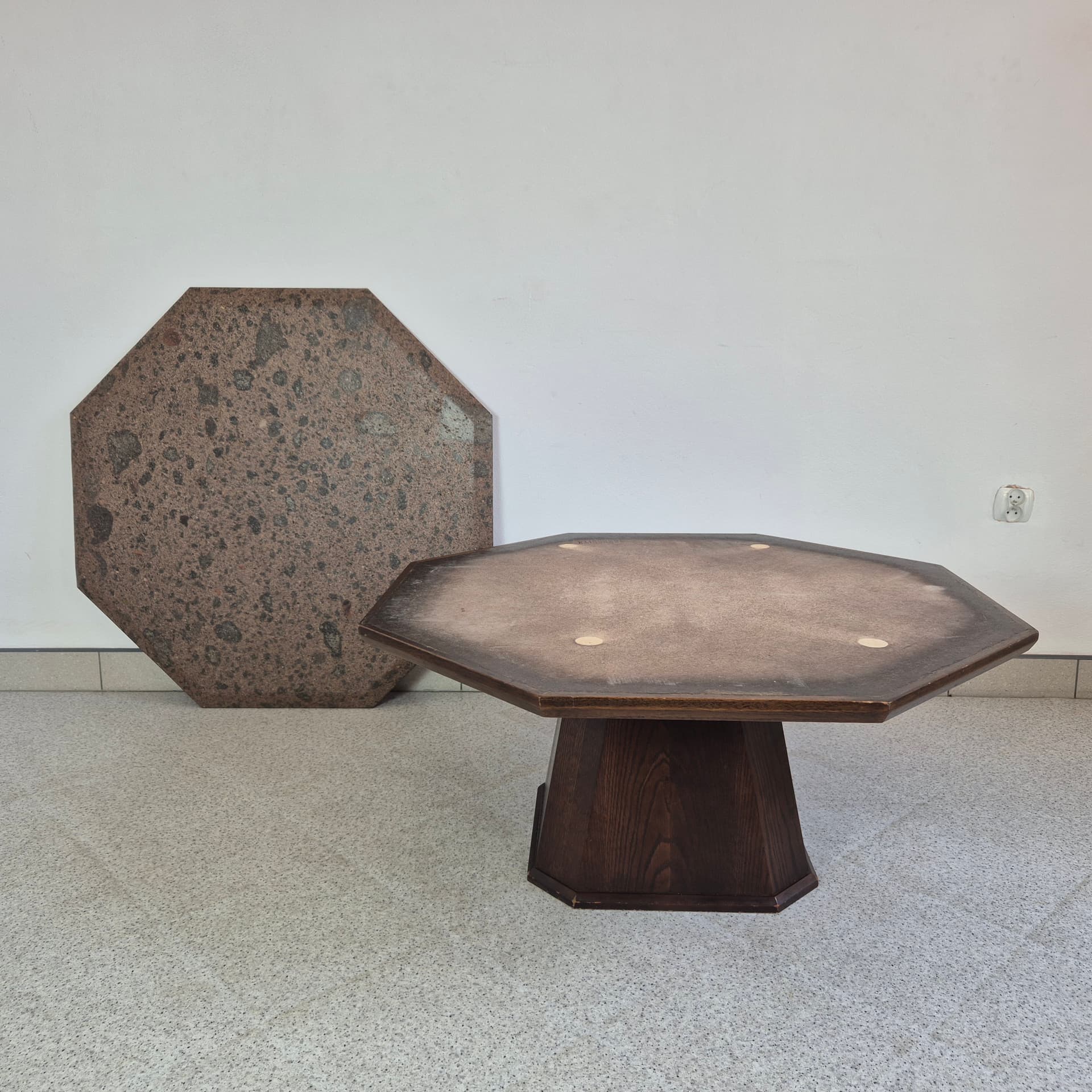 Coffee Table Hexagonal, multicolor stone, brown oak, Germany, 1960s. - 342153
