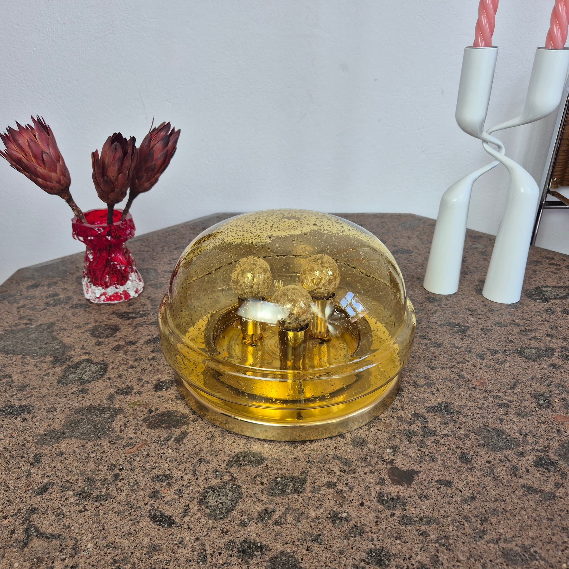 Flush mount / wall lamp, amber, glass, Lampukas OY, Finland, 1970s. - 342185