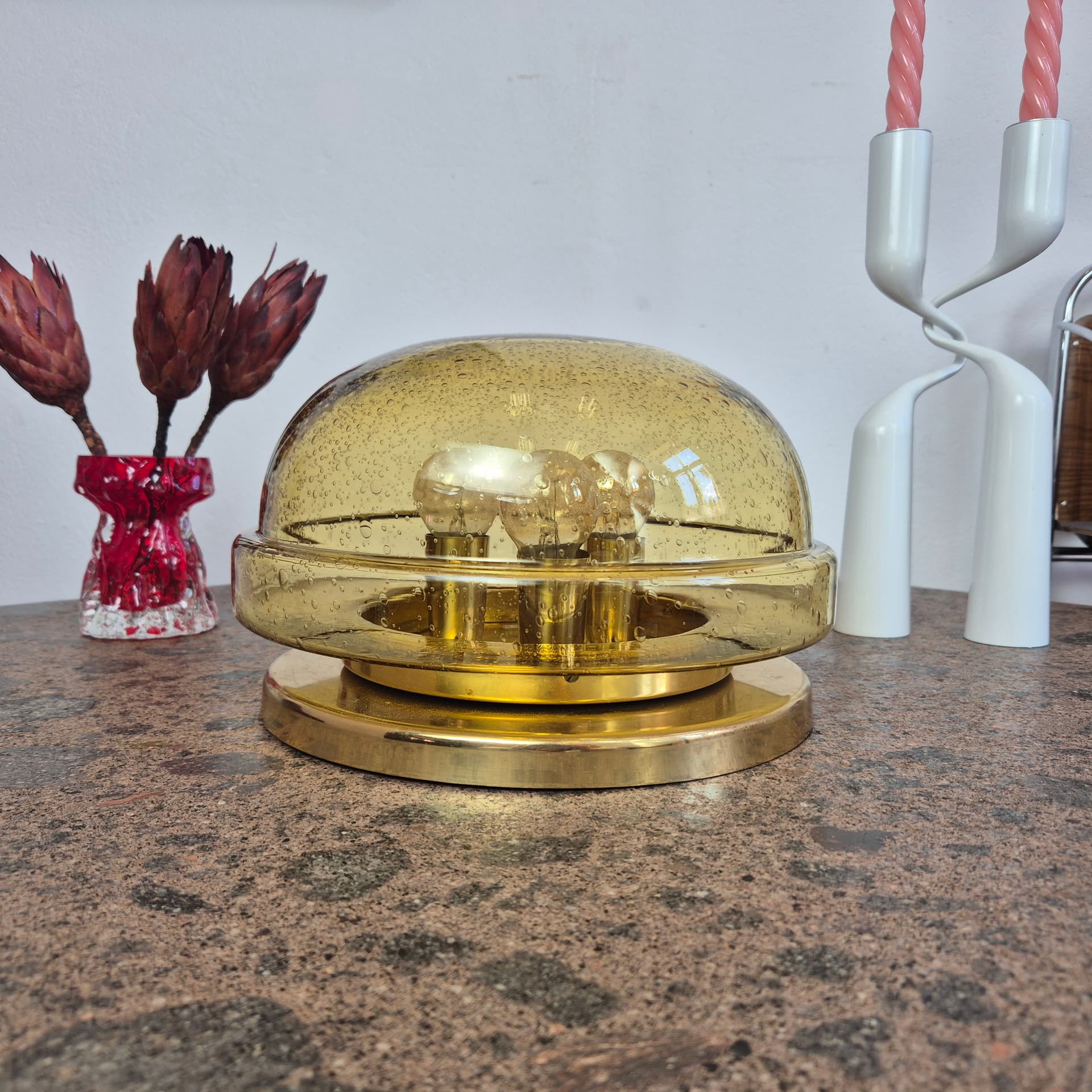 Flush mount / wall lamp, amber, glass, Lampukas OY, Finland, 1970s. - 342176