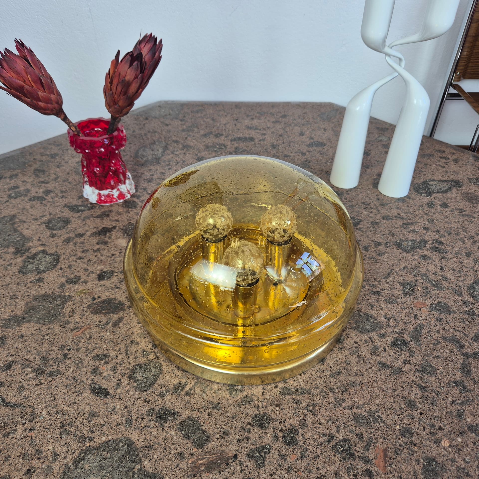 Flush mount / wall lamp, amber, glass, Lampukas OY, Finland, 1970s. - 342184