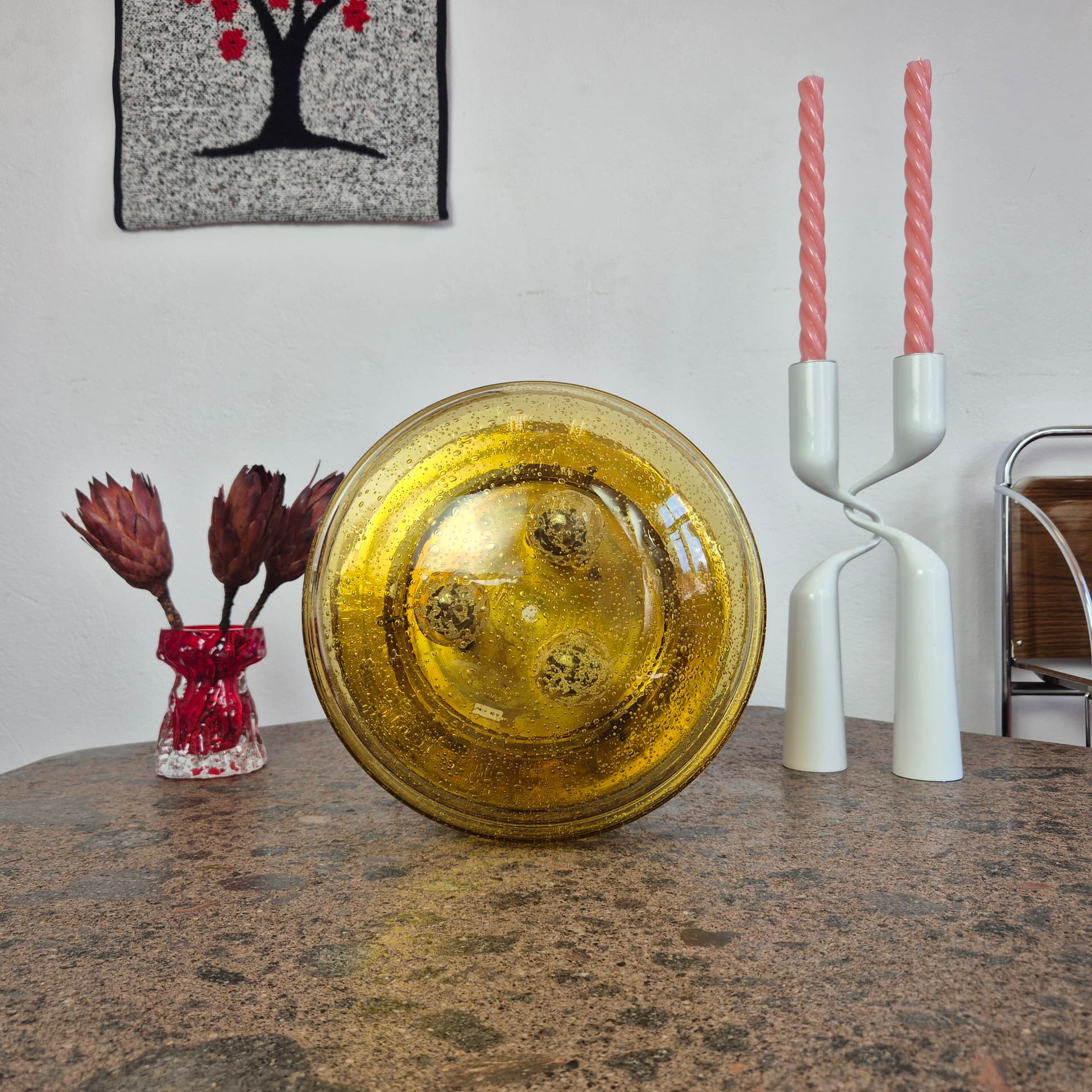 Flush mount / wall lamp, amber, glass, Lampukas OY, Finland, 1970s. - 342183