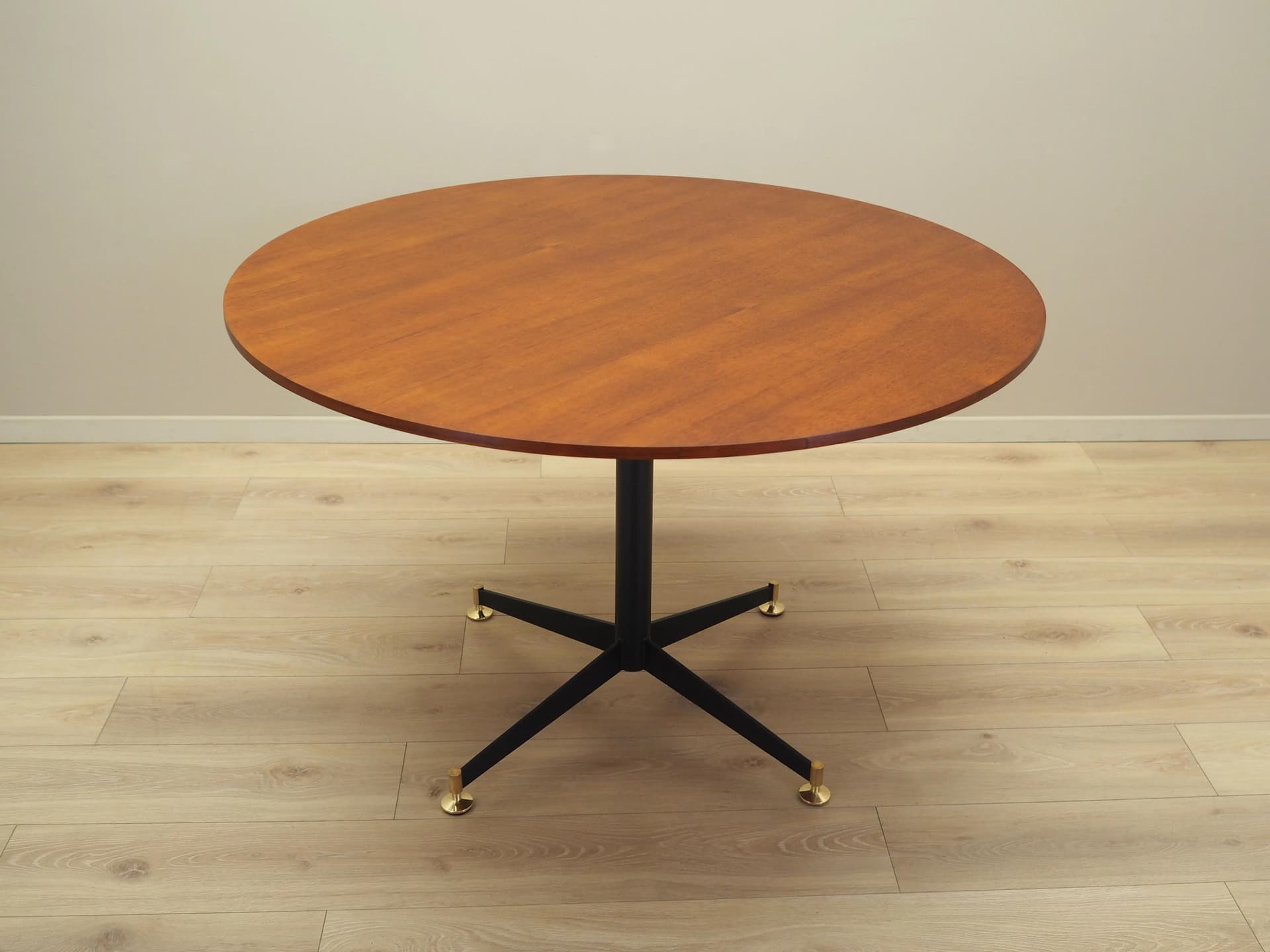Round Table, orange teak, black metal, Italy, 1970s - 25612