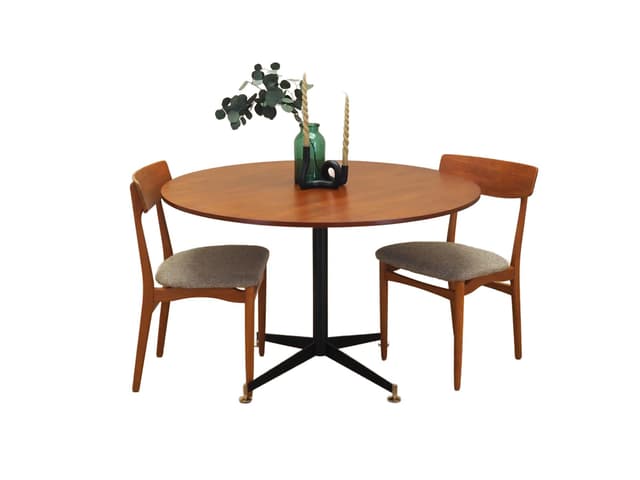 Round Table, orange teak, black metal, Italy, 1970s - DIMENSION