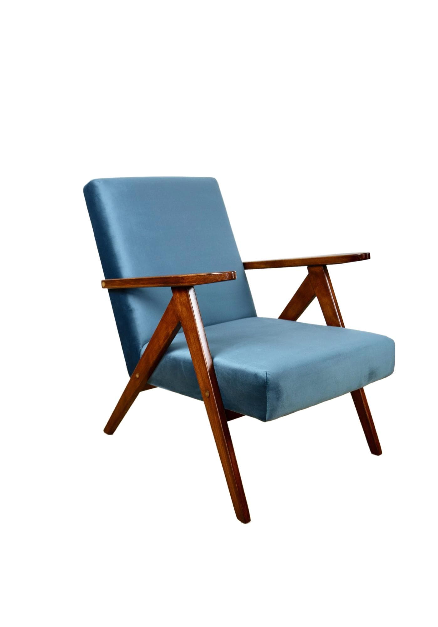 Fotel B-310 VAR, velvet morski błękit, drewno ciemnobrązowy, Polska, lata 70.