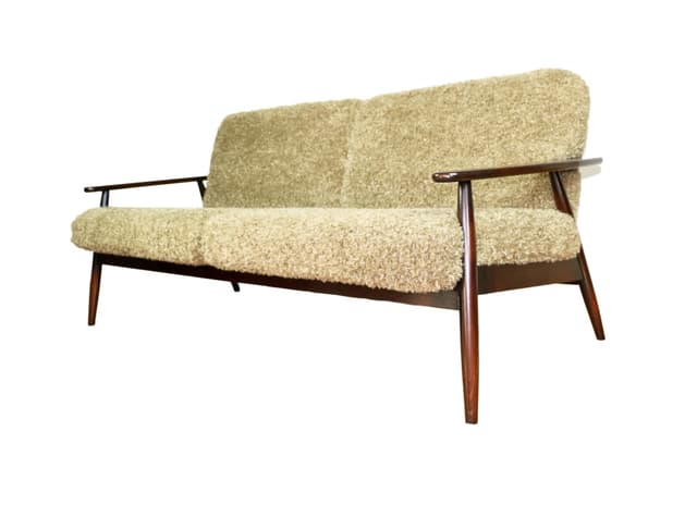 Sofa trzyosobowa, bouclé beżowy khaki, drewno orzech, Polska, lata 80. - WYMIARY