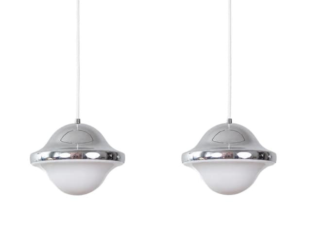 Para lamp wiszących Bubi, metal srebrny, szkło białe, proj. H. Koppel, Louis Poulsen, Dania, lata 70. - WYMIARY