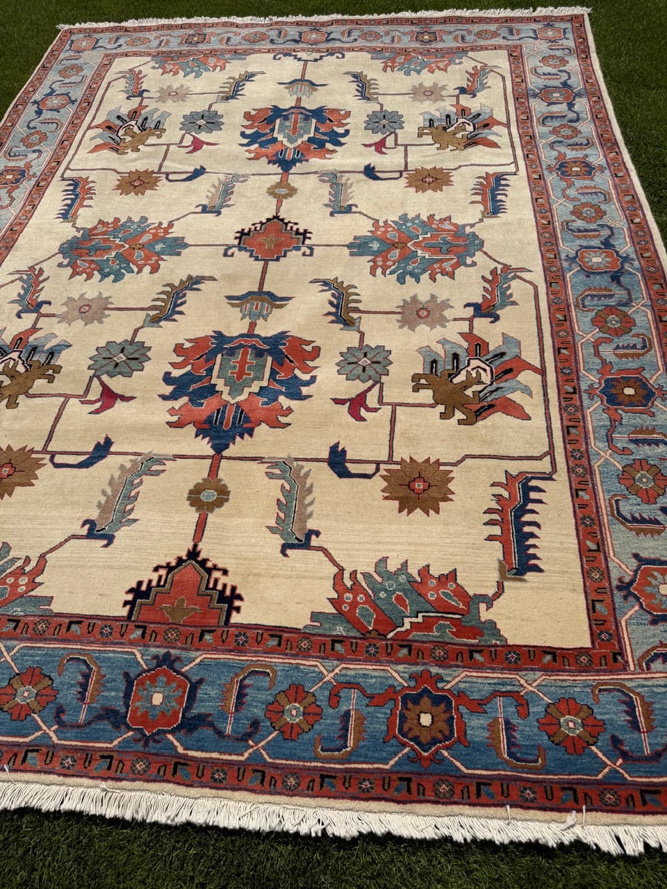 Dywan Heriz 350x250 cm, beżowy czerwony niebieski zielony brązowy, wełna kaszmirowa, Iran - 342480