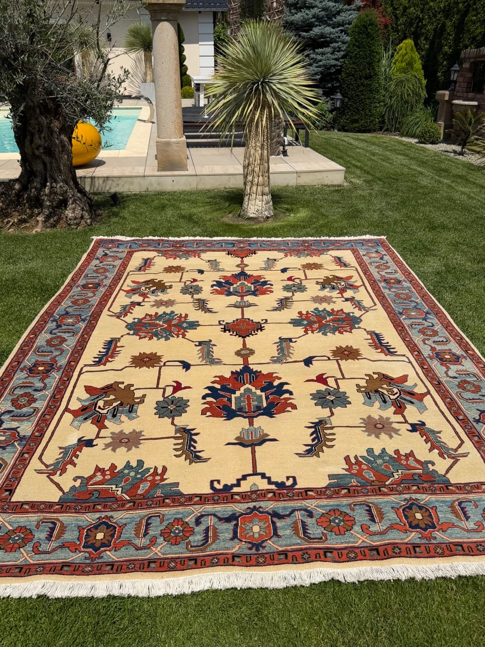 Dywan Heriz 350x250 cm, beżowy czerwony niebieski zielony brązowy, wełna kaszmirowa, Iran - 342483