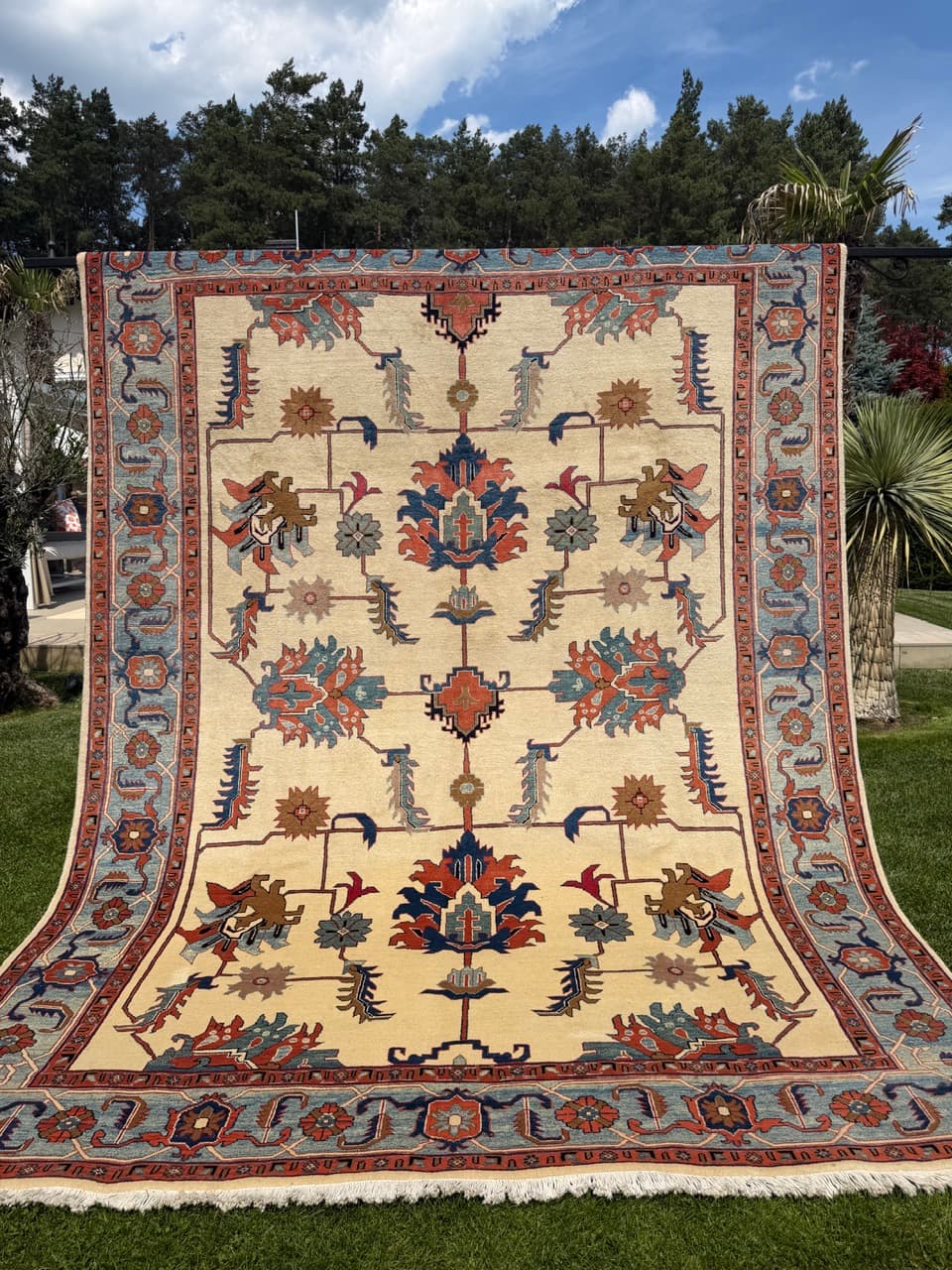 Dywan Heriz 350x250 cm, beżowy czerwony niebieski zielony brązowy, wełna kaszmirowa, Iran - 342476