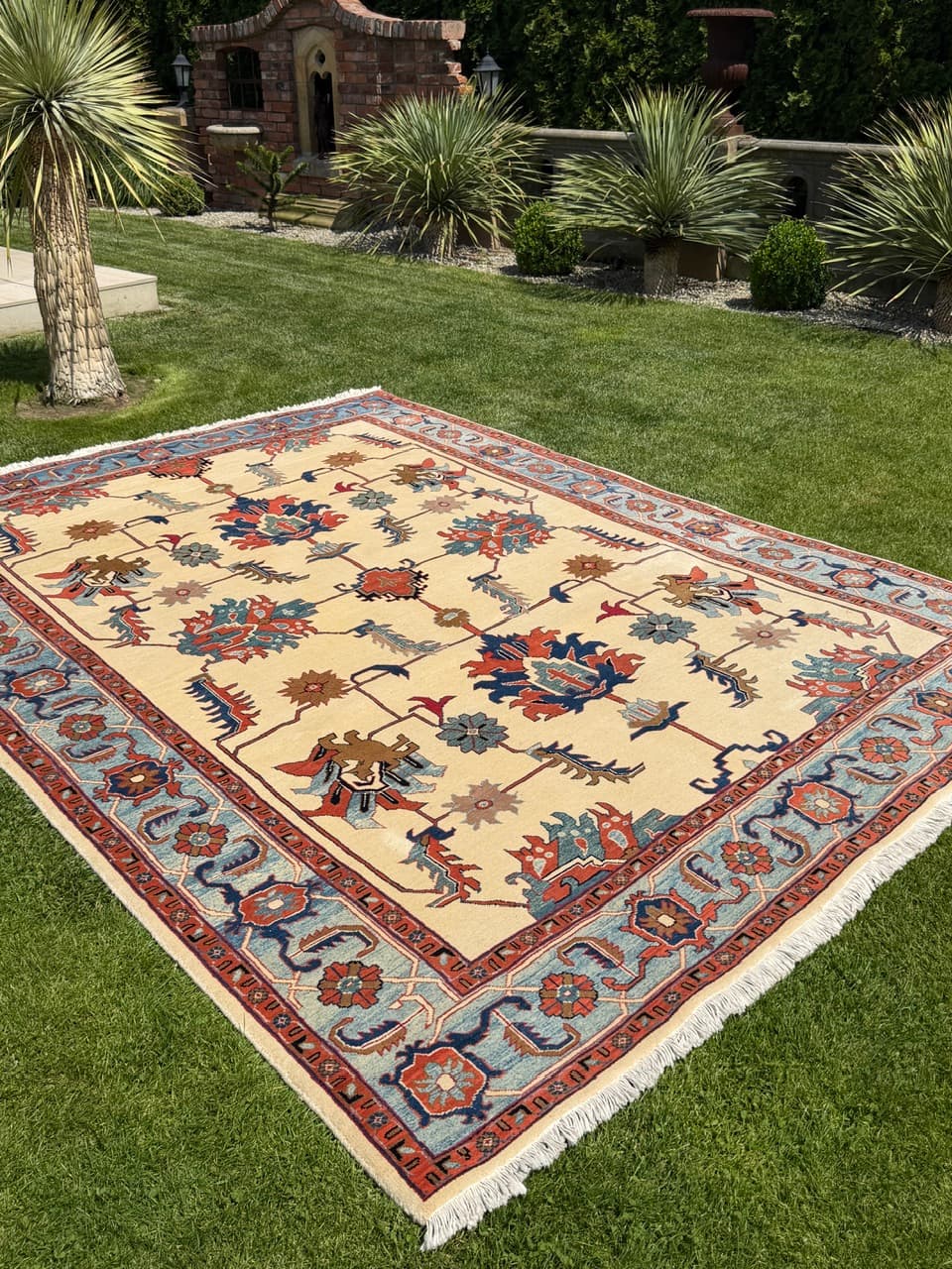 Dywan Heriz 350x250 cm, beżowy czerwony niebieski zielony brązowy, wełna kaszmirowa, Iran - 342484