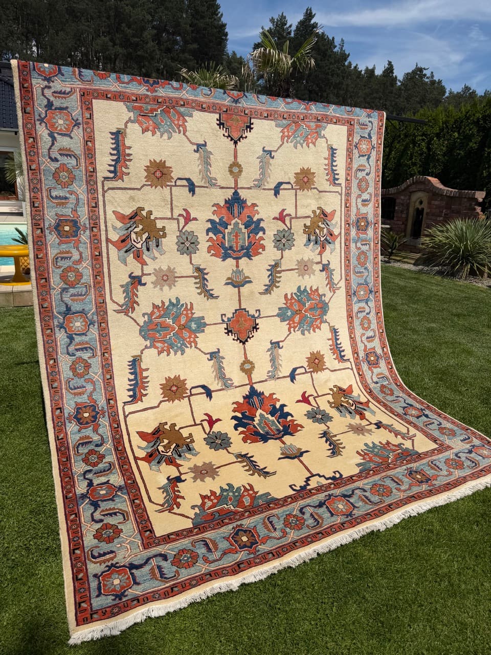 Dywan Heriz 350x250 cm, beżowy czerwony niebieski zielony brązowy, wełna kaszmirowa, Iran - 342473
