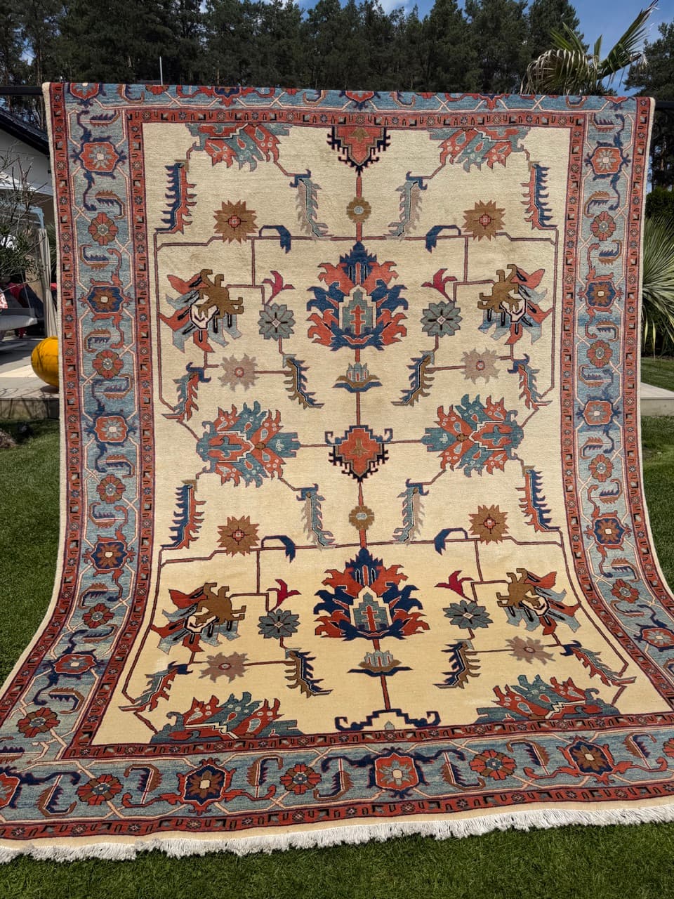 Dywan Heriz 350x250 cm, beżowy czerwony niebieski zielony brązowy, wełna kaszmirowa, Iran - 342472