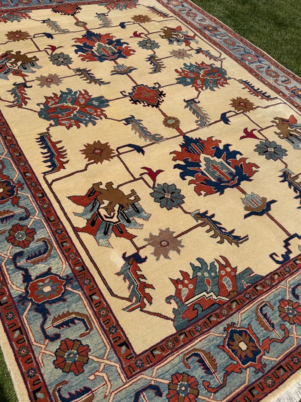 Dywan Heriz 350x250 cm, beżowy czerwony niebieski zielony brązowy, wełna kaszmirowa, Iran - 342485