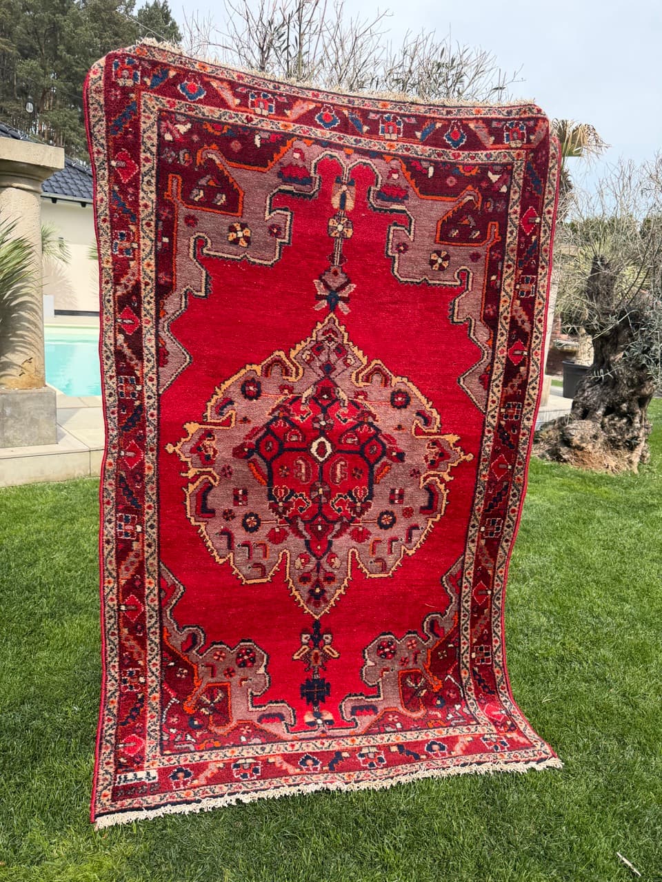 Dywan Hamadan 220x135 cm, czerwony multikolor, wełna, Iran, lata 70. - 342488
