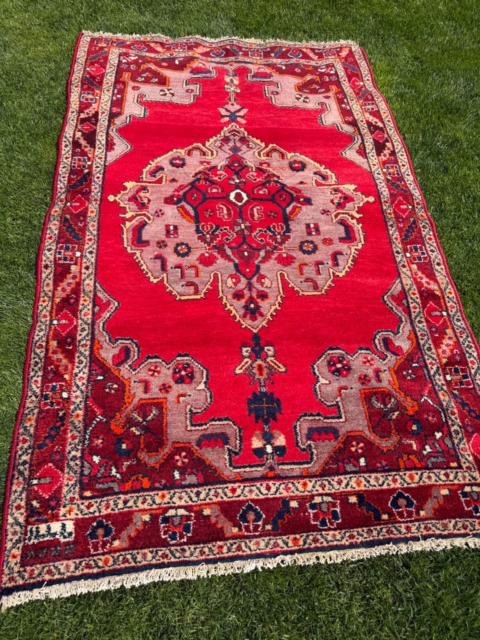 Dywan Hamadan 220x135 cm, czerwony multikolor, wełna, Iran, lata 70. - 342496