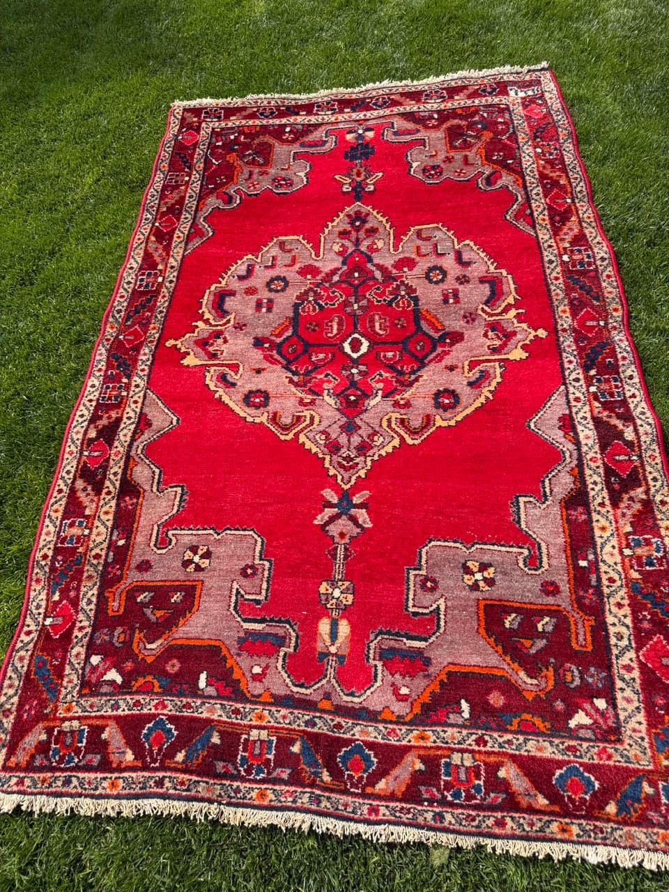 Dywan Hamadan 220x135 cm, czerwony multikolor, wełna, Iran, lata 70. - 342498