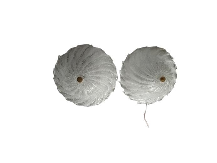 Pair of flush mounts Murano, silvered transparent glass, gold brass, Italy, 1970s.