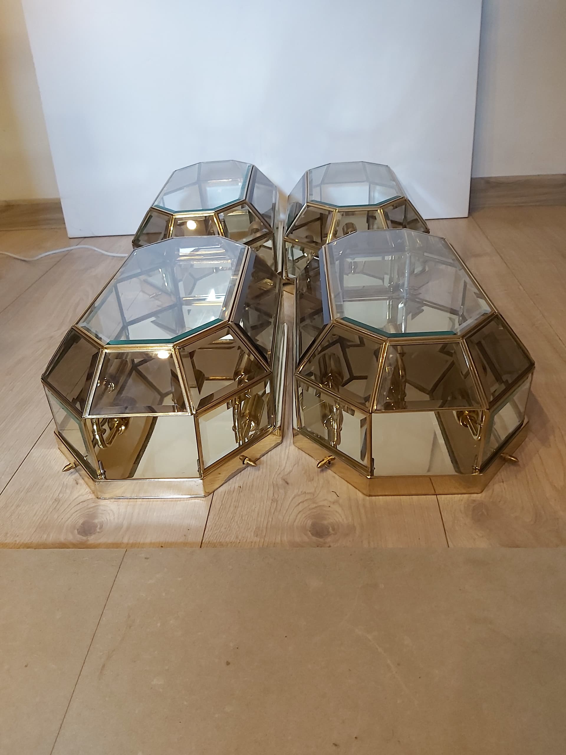 Set of two flush mounts, gold brass, transparent glass, Italy, 1970s. - 342593