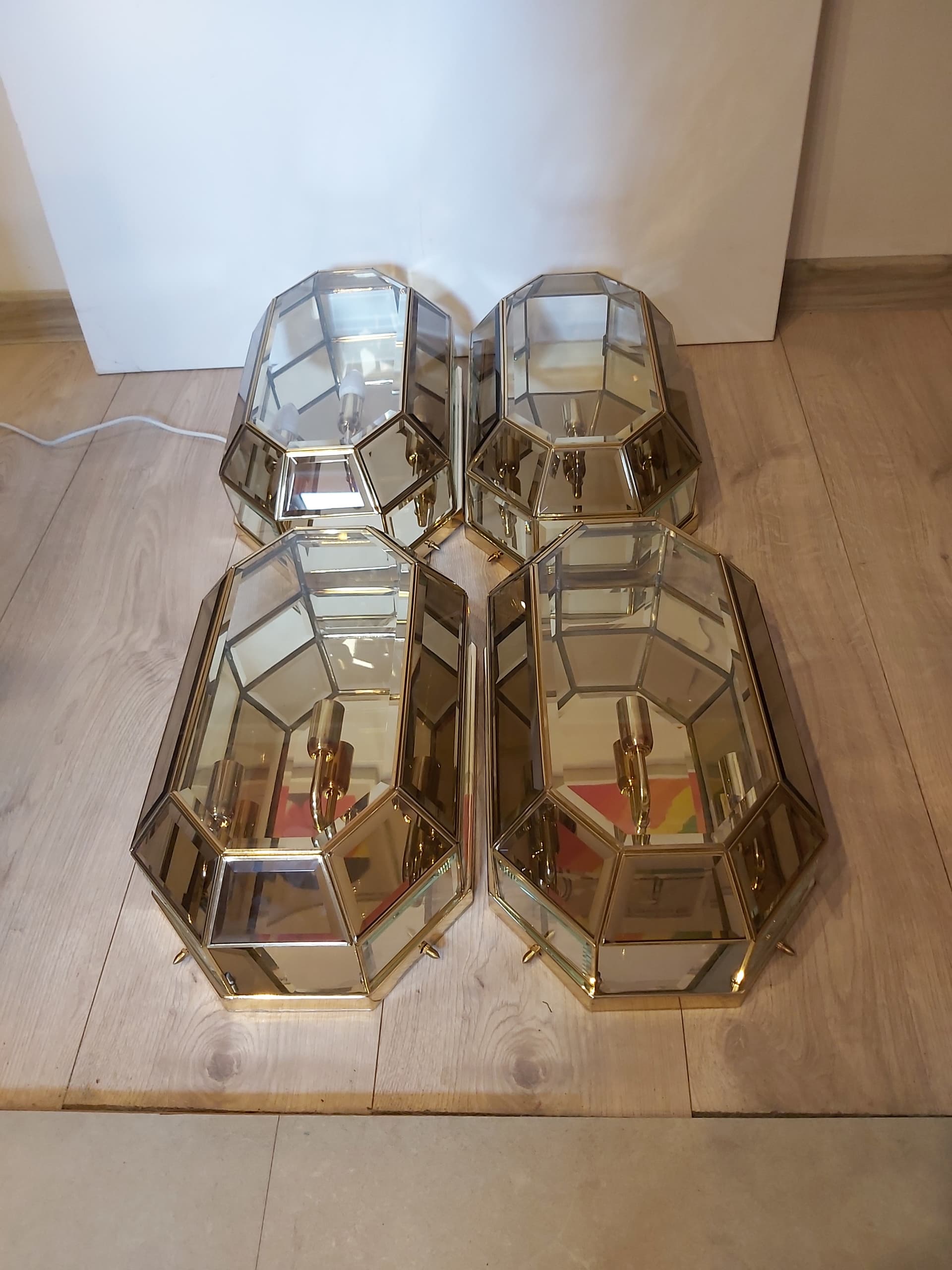 Set of two flush mounts, gold brass, transparent glass, Italy, 1970s. - 342592