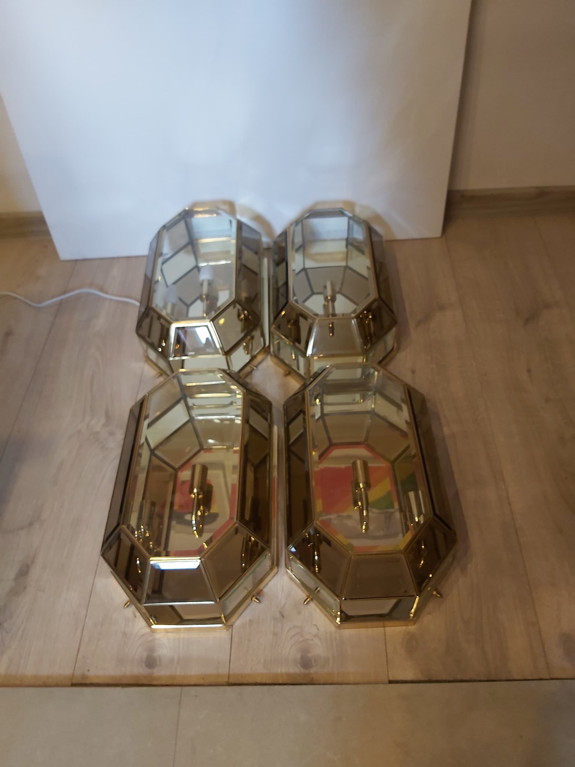 Set of two flush mounts, gold brass, transparent glass, Italy, 1970s. - 342591