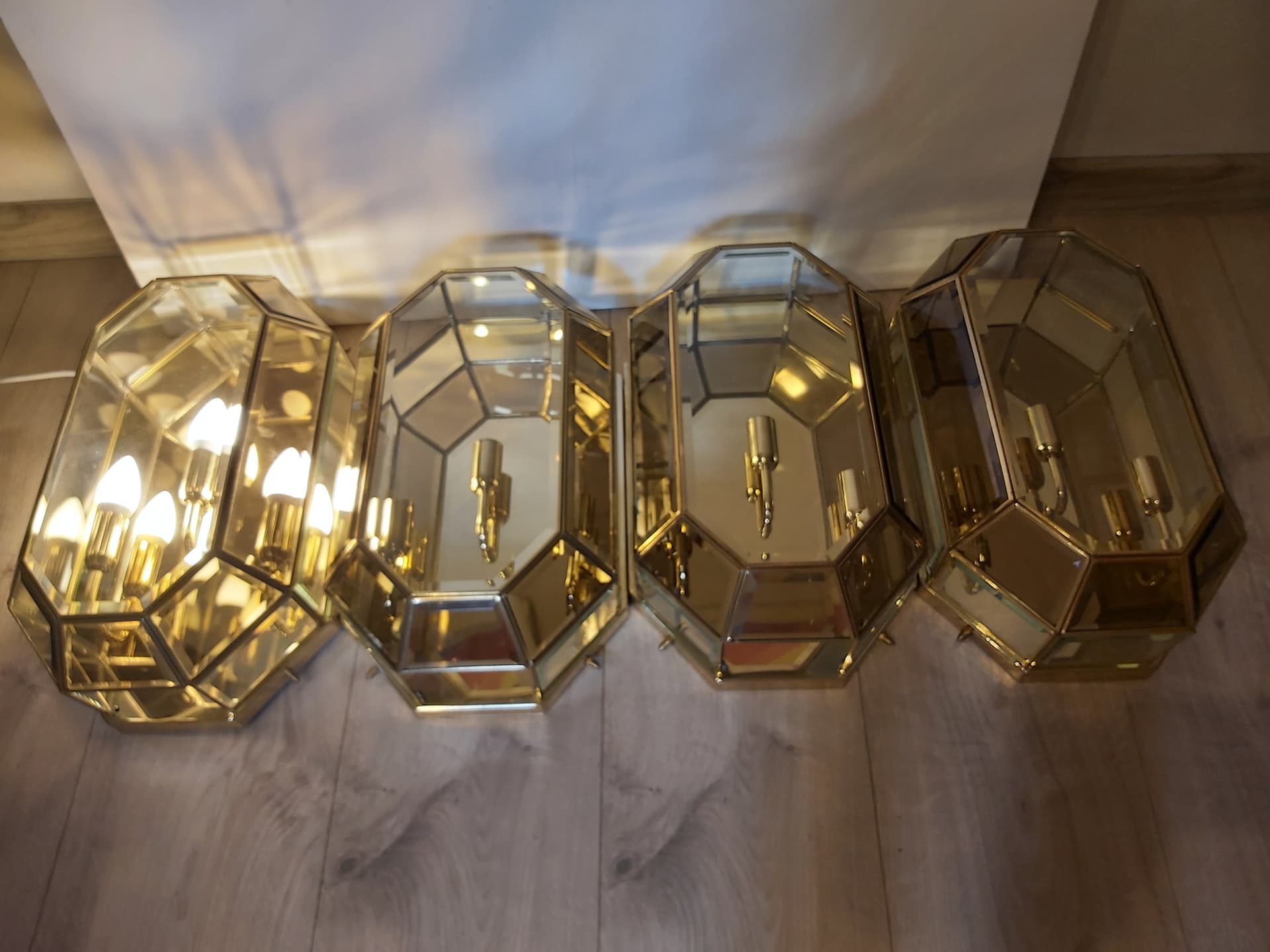 Set of two flush mounts, gold brass, transparent glass, Italy, 1970s. - 342590