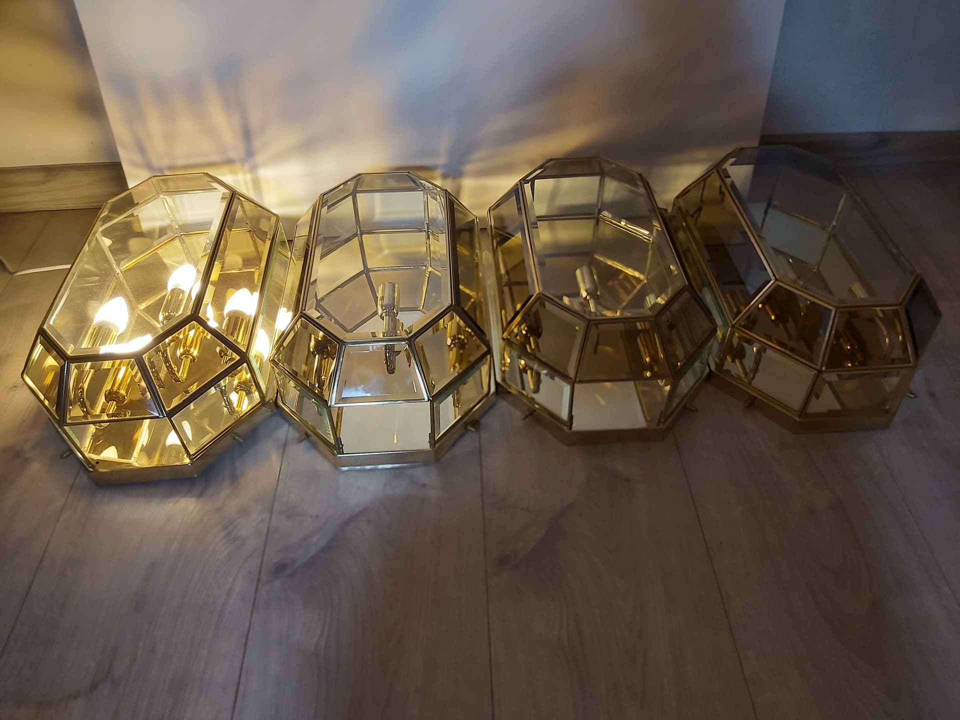 Set of two flush mounts, gold brass, transparent glass, Italy, 1970s. - 342589