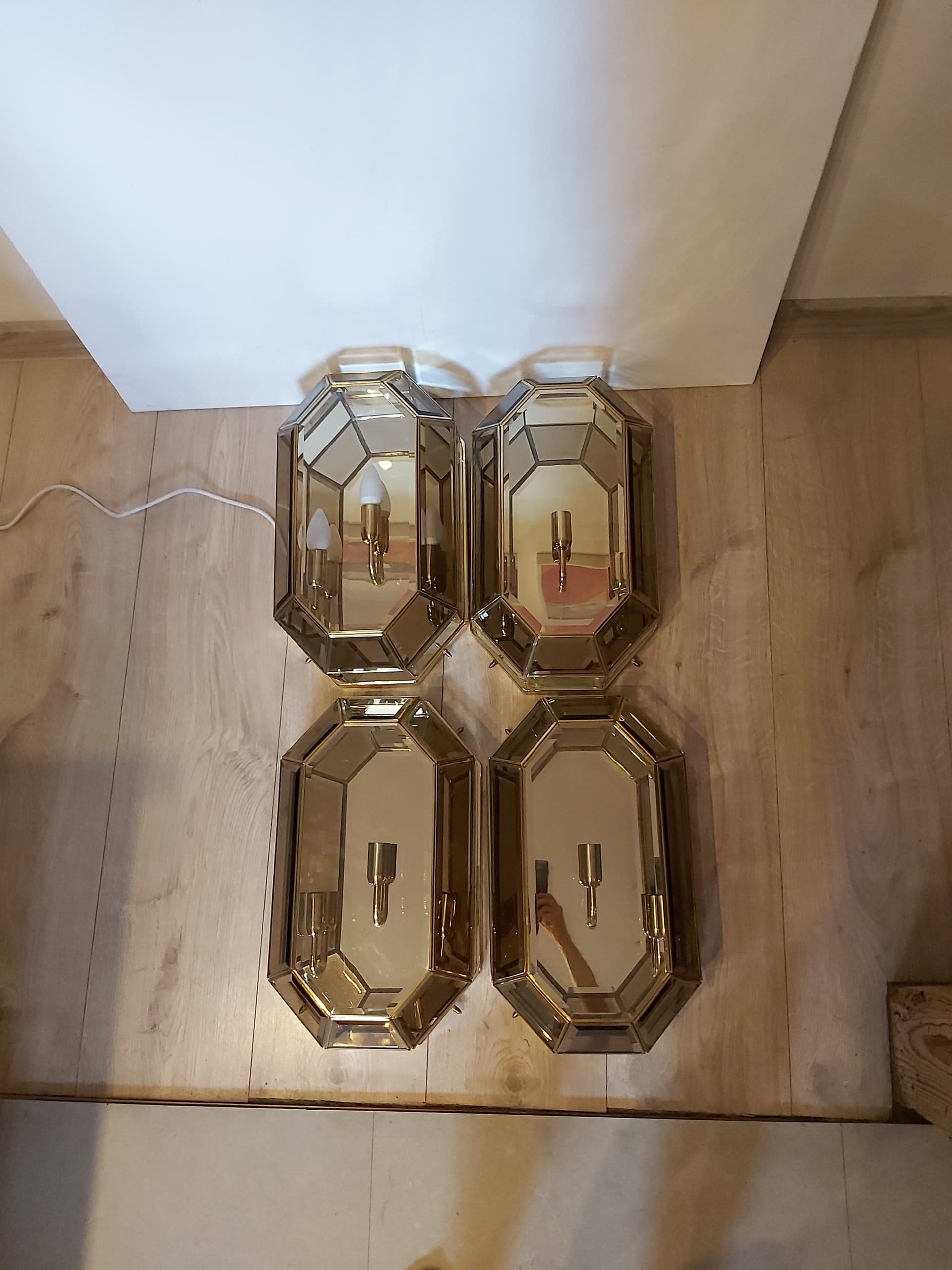 Set of two flush mounts, gold brass, transparent glass, Italy, 1970s. - 342594