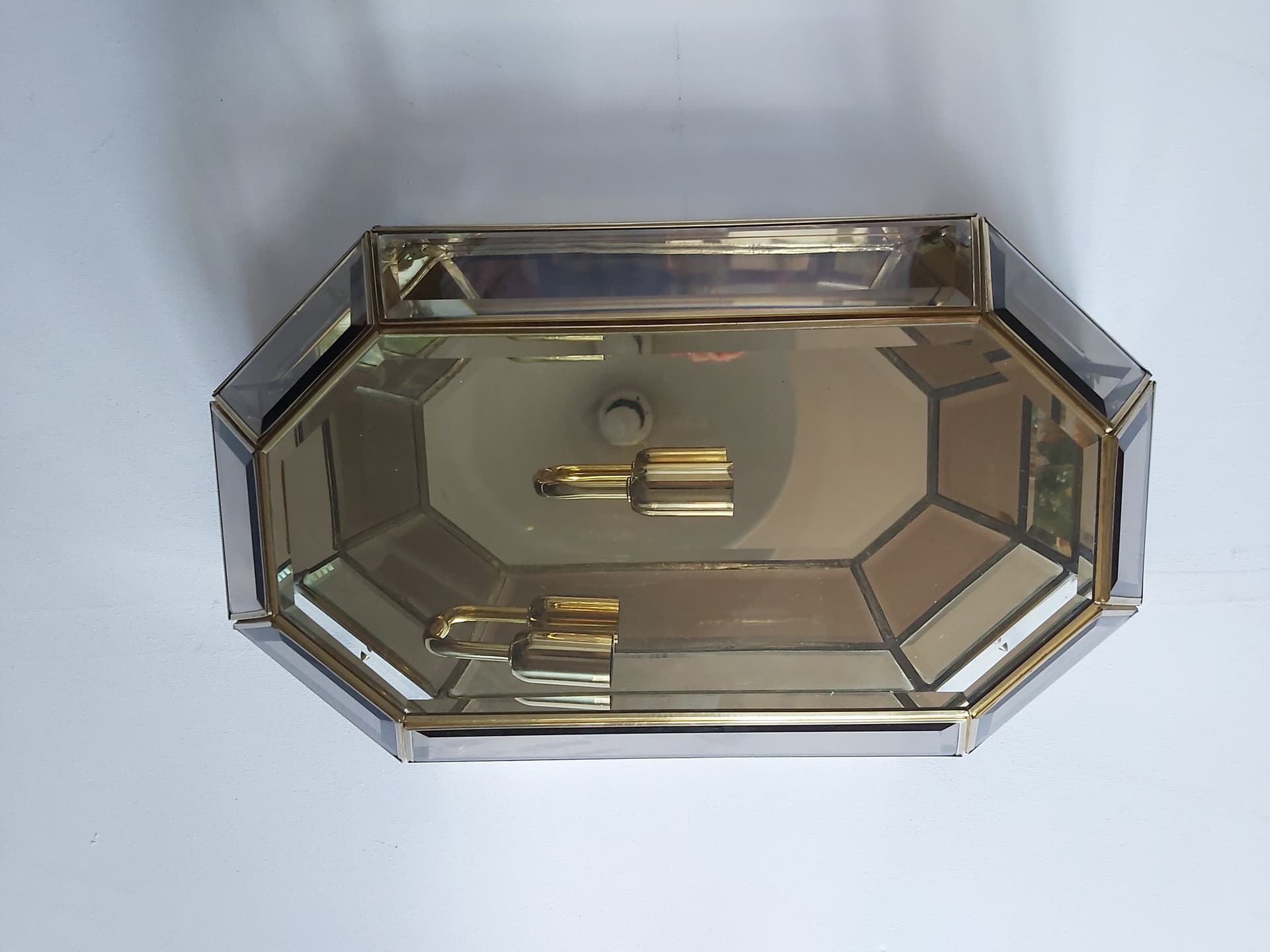 Set of two flush mounts, gold brass, transparent glass, Italy, 1970s. - 342584