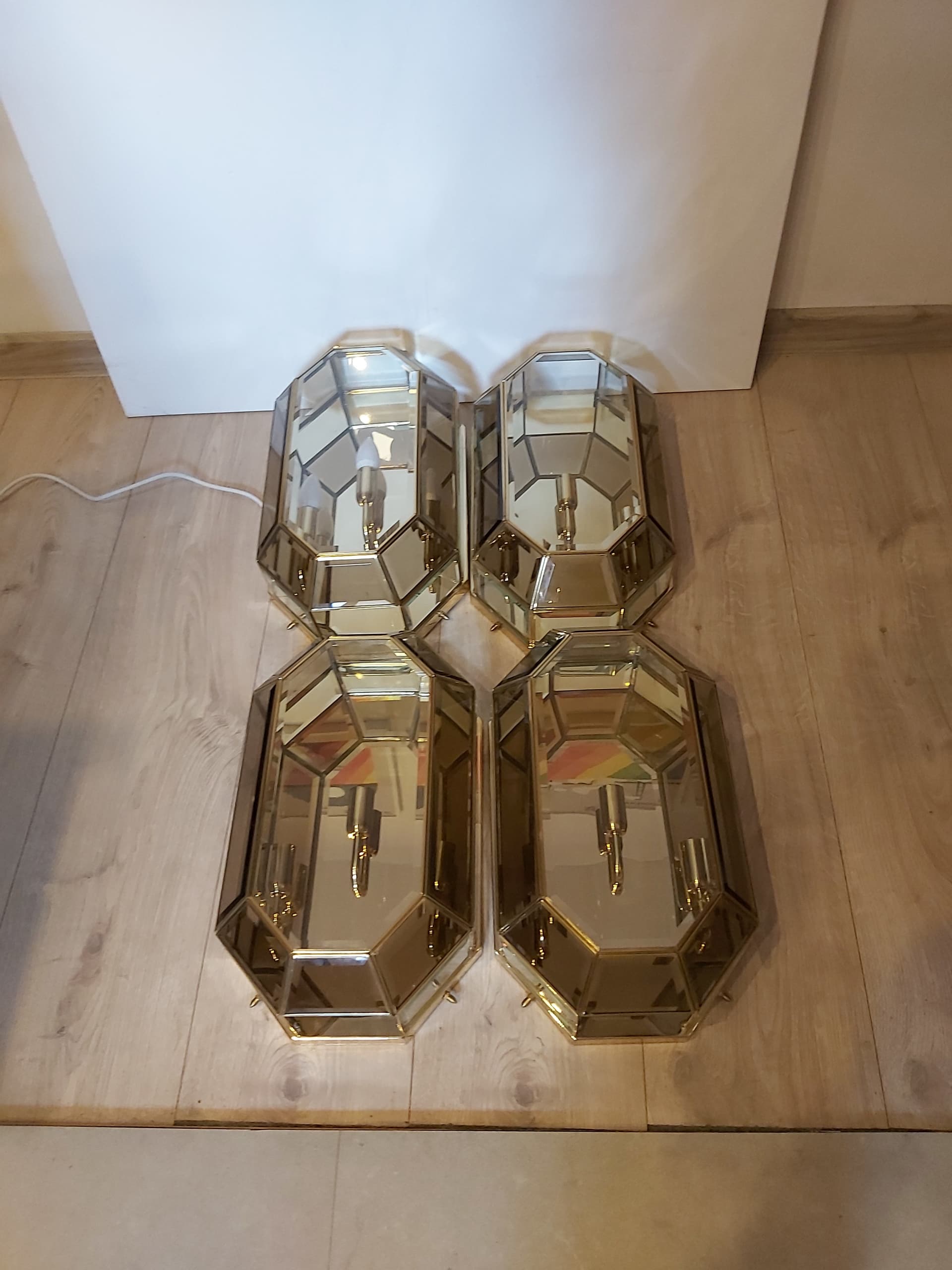 Set of two flush mounts, gold brass, transparent glass, Italy, 1970s. - 342582