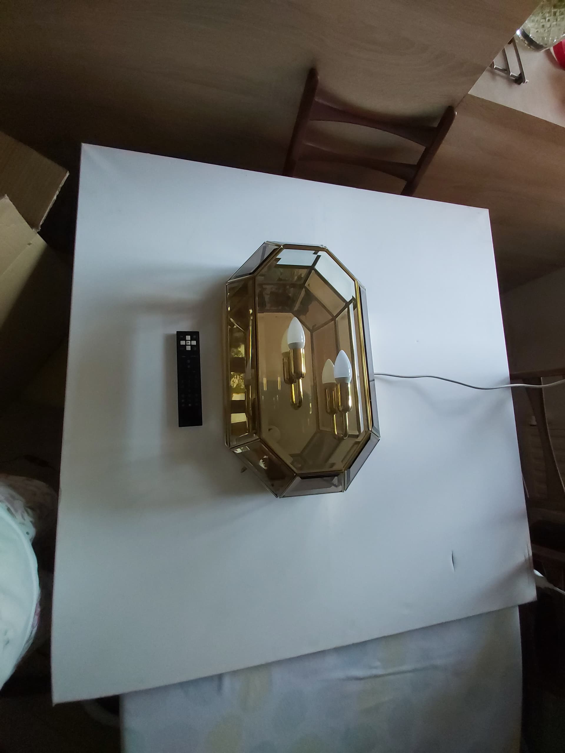 Set of two flush mounts, gold brass, transparent glass, Italy, 1970s. - 342588