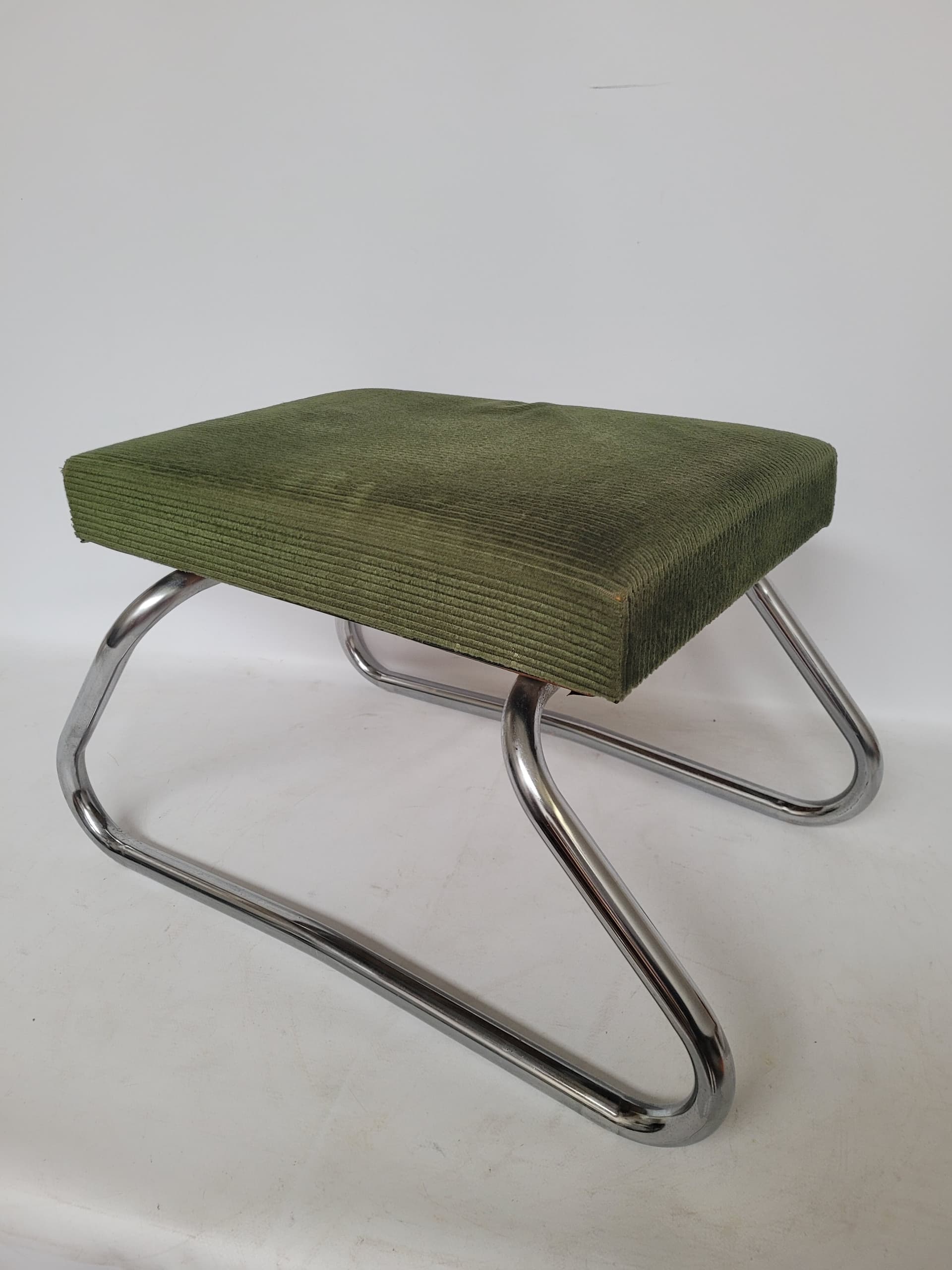 Podnóżek Bauhaus, sztruks oliwkowy, chrom, lata 70. - 342925