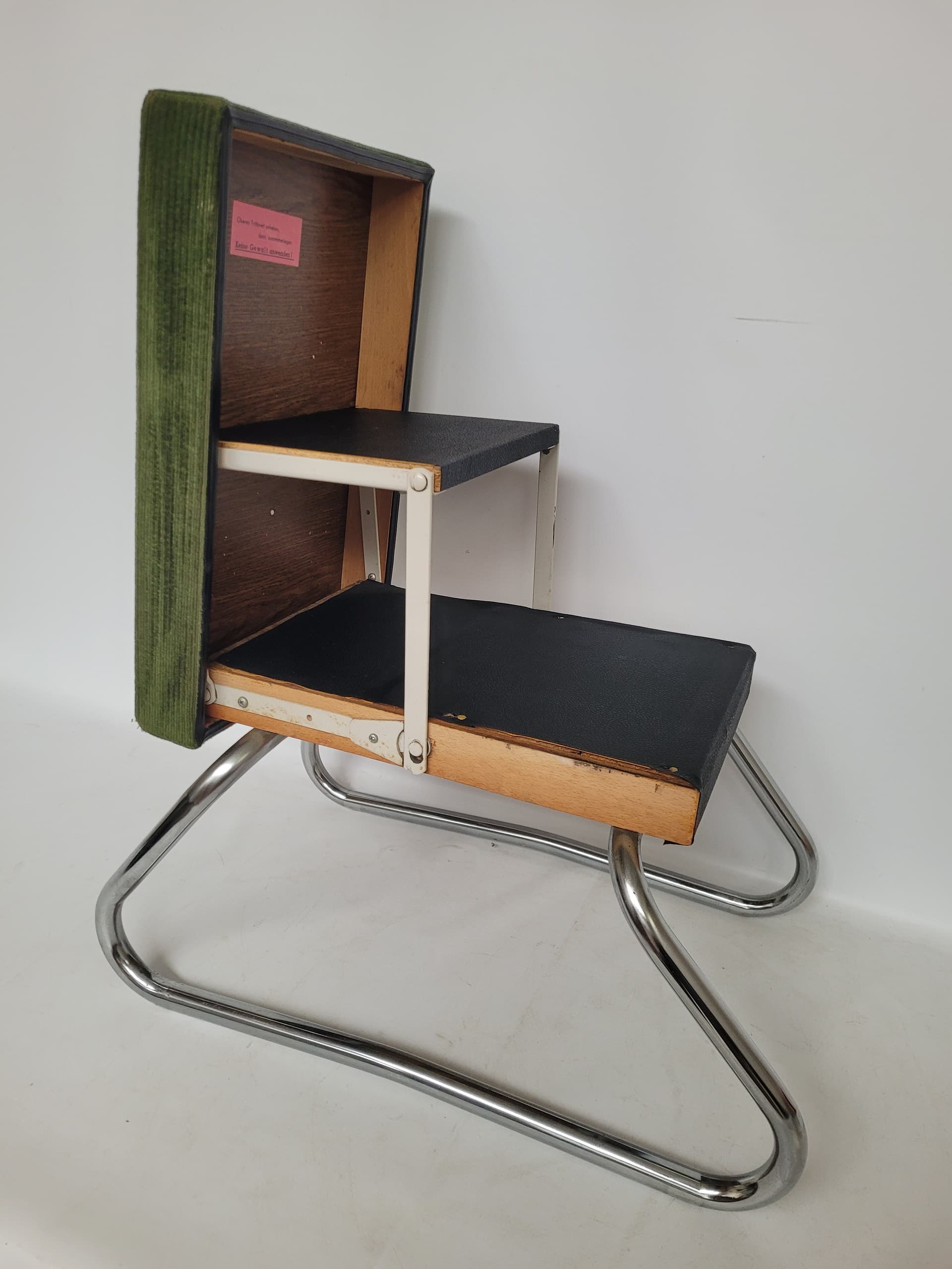 Podnóżek Bauhaus, sztruks oliwkowy, chrom, lata 70. - 342927