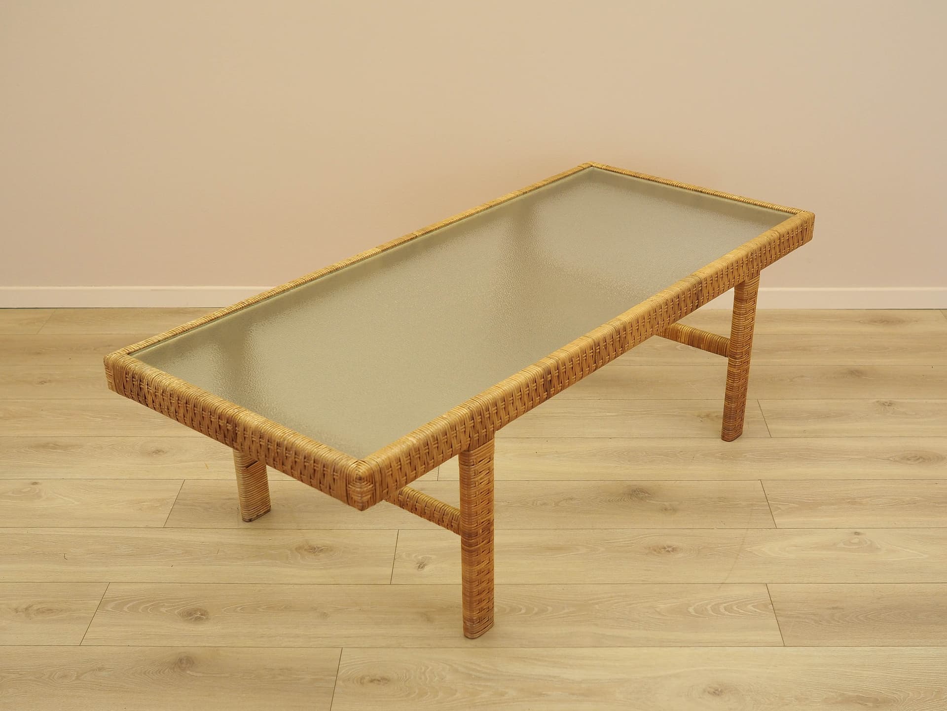 Coffee table, brown wicker, transparent glass, Denmark, 1970s. - 342965