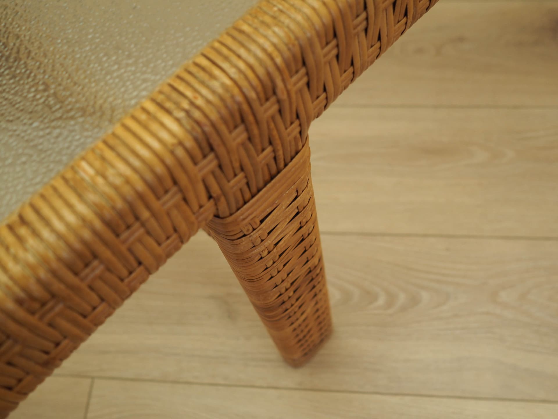 Coffee table, brown wicker, transparent glass, Denmark, 1970s. - 342967