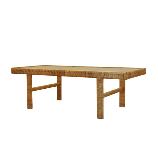 Coffee table, brown wicker, transparent glass, Denmark, 1970s. - DIMENSION