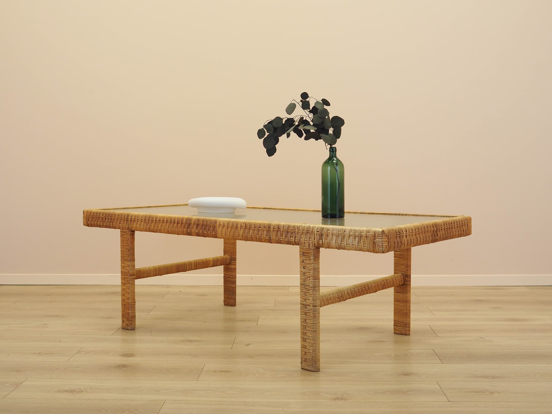Coffee table, brown wicker, transparent glass, Denmark, 1970s. - 342962