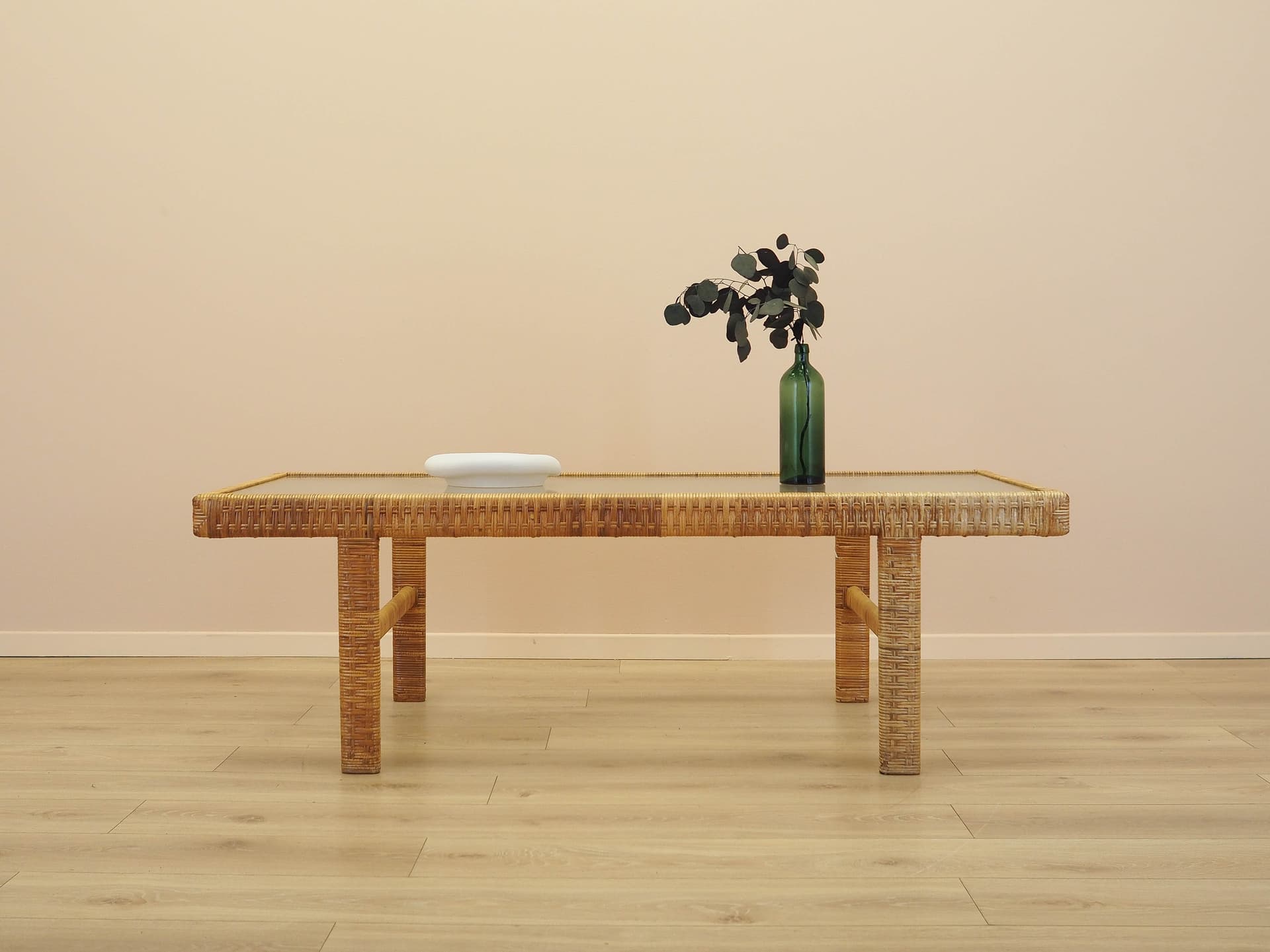 Coffee table, brown wicker, transparent glass, Denmark, 1970s. - 342961