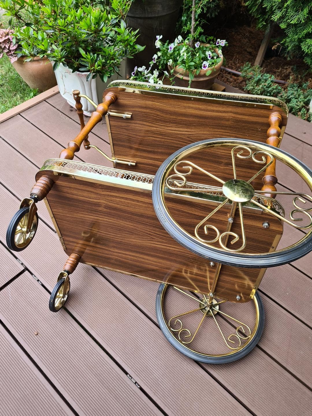 Bar Cart Hollywood Regency, brown wood, brass, 1970s - 343074