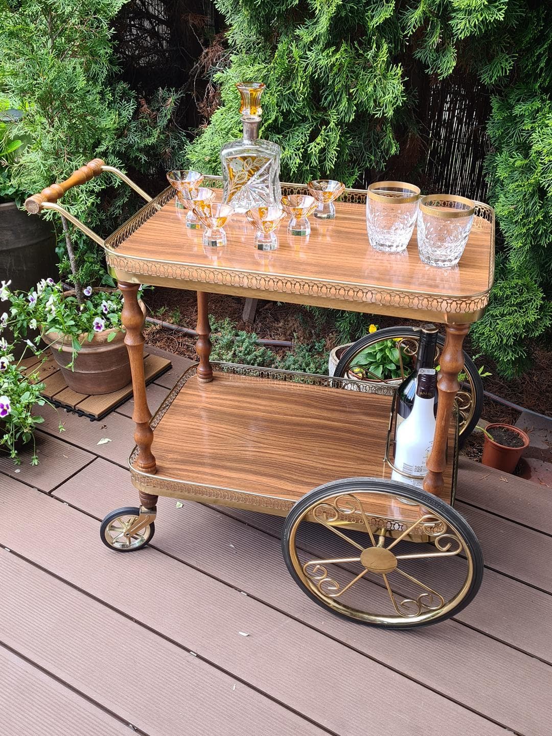 Bar Cart Hollywood Regency, brown wood, brass, 1970s - 343079