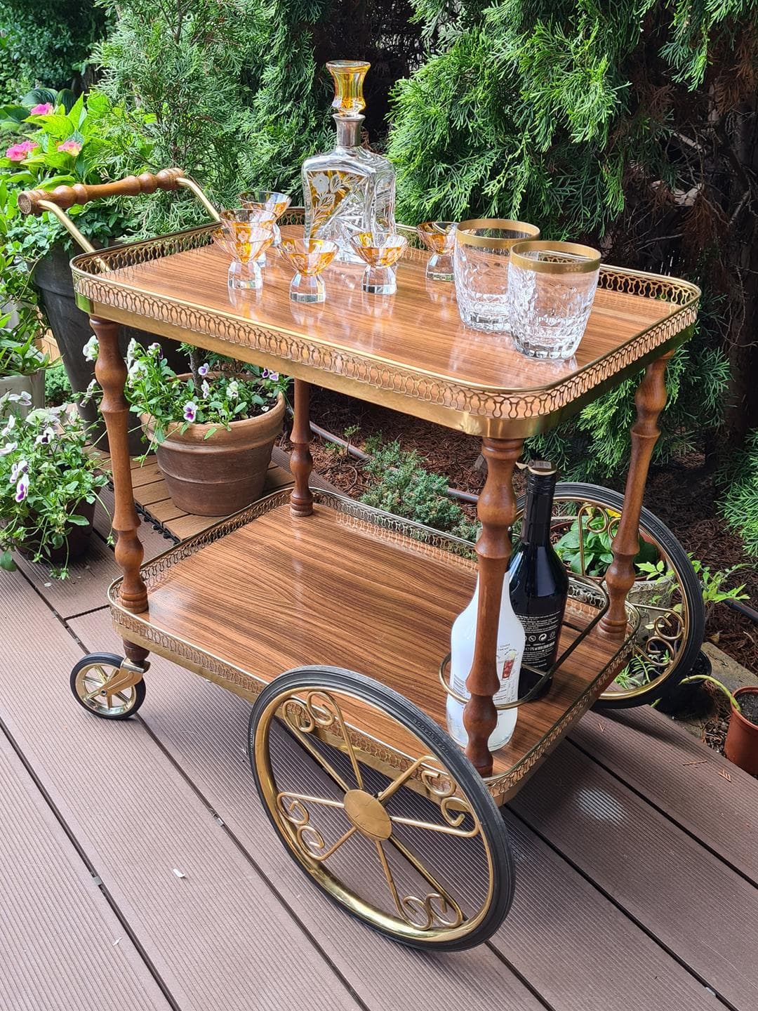 Bar Cart Hollywood Regency, brown wood, brass, 1970s - 343080