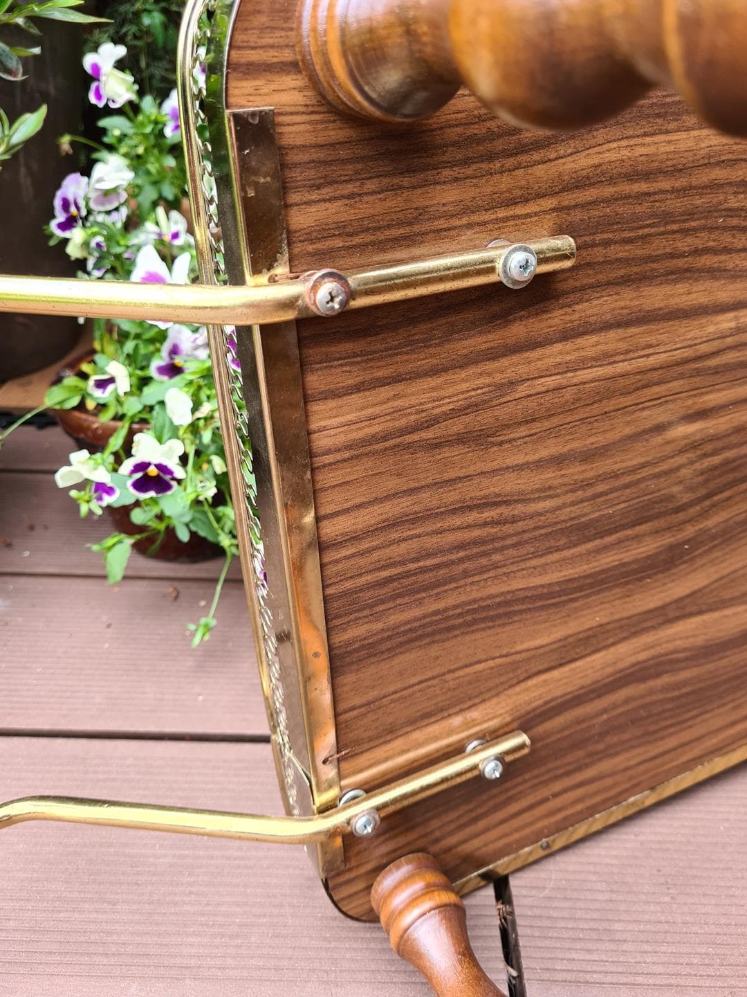 Bar Cart Hollywood Regency, brown wood, brass, 1970s - 343071