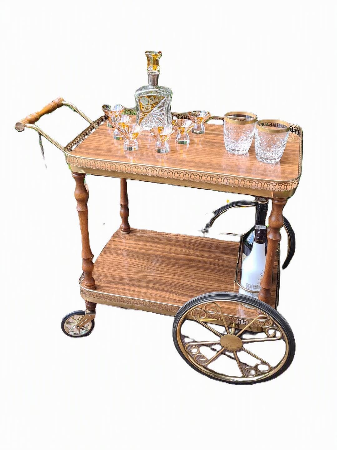 Bar Cart Hollywood Regency, brown wood, brass, 1970s - 343068