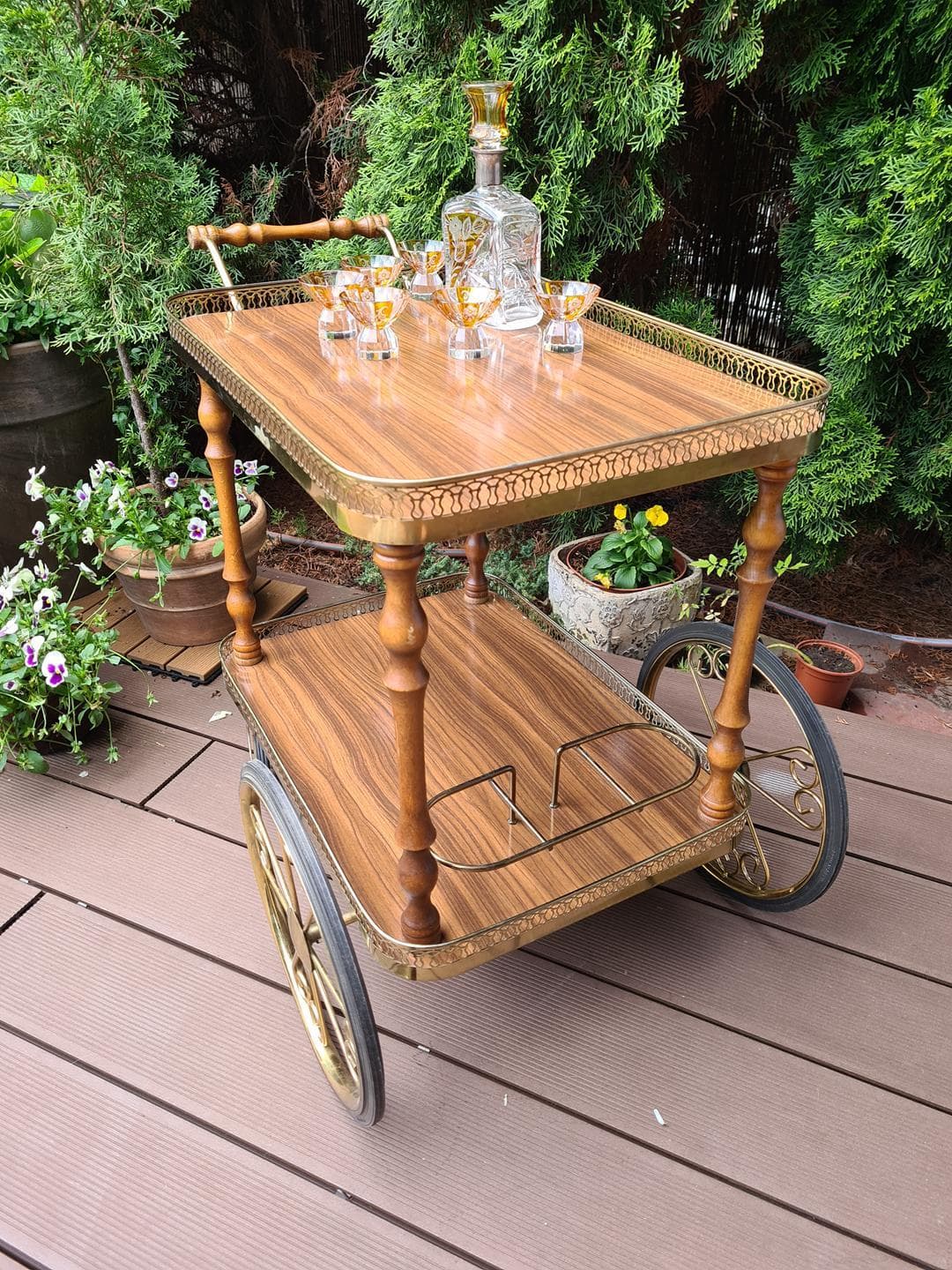 Bar Cart Hollywood Regency, brown wood, brass, 1970s - 343075