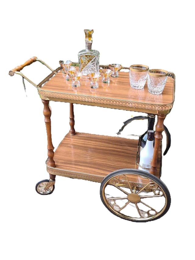 Bar Cart Hollywood Regency, brown wood, brass, 1970s - DIMENSION