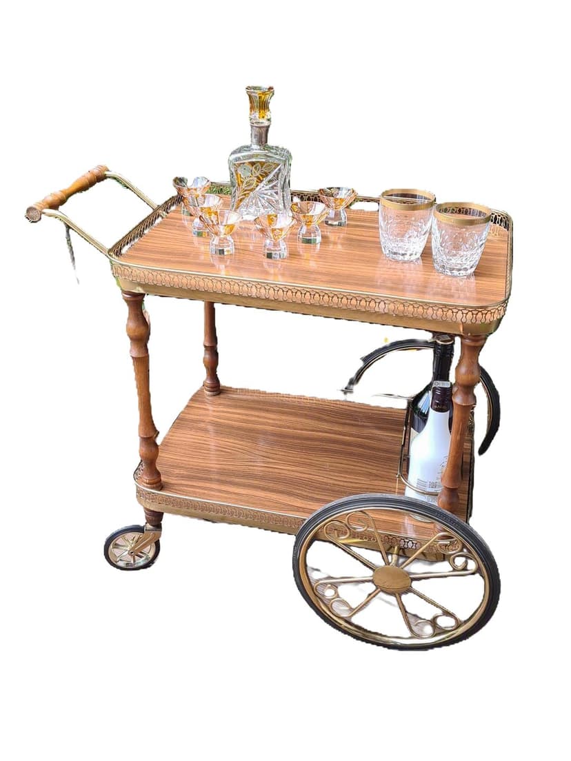 Bar Cart Hollywood Regency, brown wood, brass, 1970s