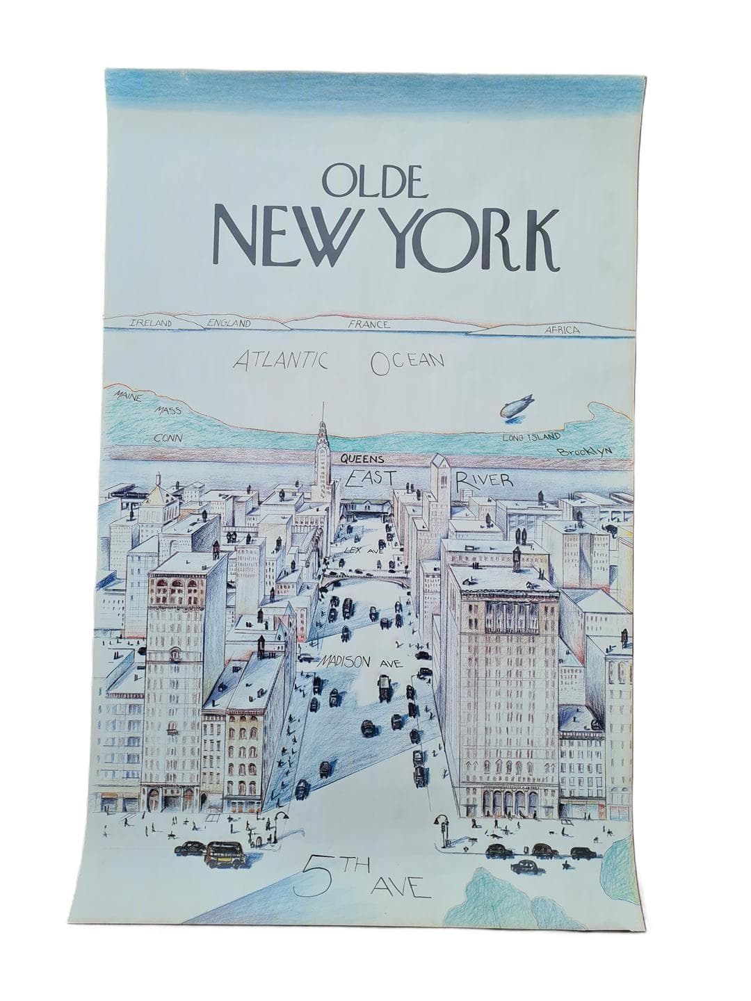 Plakat Olde New York 91x58,5 cm, papier niebieski czarny beżowy, lata 80.