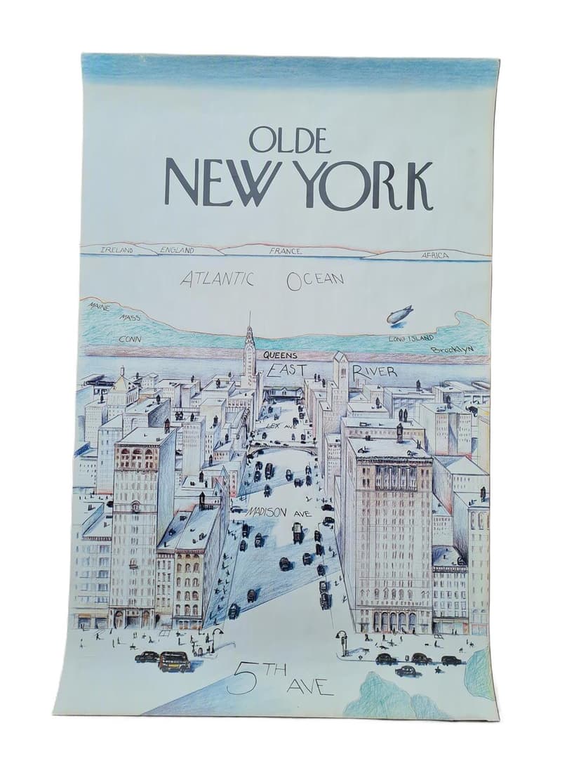 Poster Olde New York 91x58.5 cm, blue black beige paper, 1980s