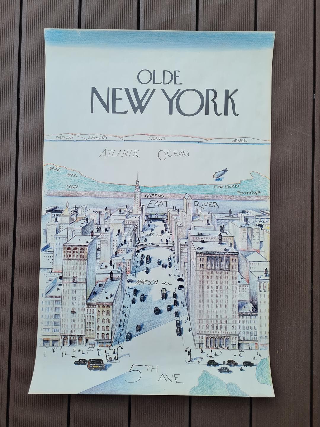 Plakat Olde New York 91x58,5 cm, papier niebieski czarny beżowy, lata 80. - 343092