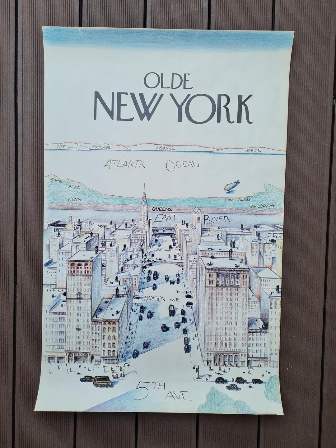 Plakat Olde New York 91x58,5 cm, papier niebieski czarny beżowy, lata 80. - 343091