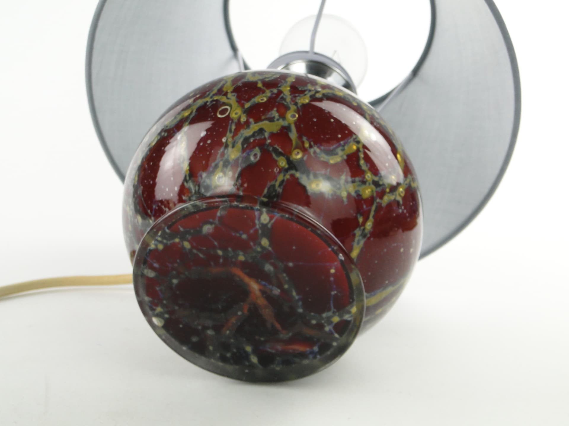 Lampa stołowa Ikora, szkło czerwony pomarańczowy żółty brązowy, abażur tkanina szary, WMF, Niemcy, lata 30. - 343193